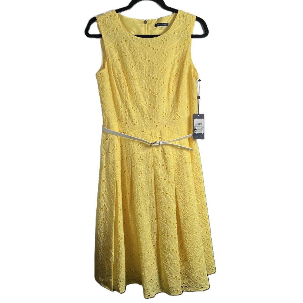 New Tommy Hilfiger Yellow Pleated Eyelet Dress with White Belt Fit & Flare Sz 8